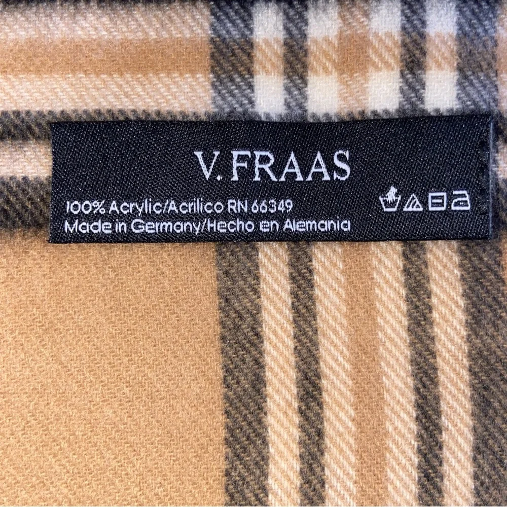 V. Fraas Tan Plaid Scarf Fringe Unisex Mens Womens Made in Germany Soft Acrylic